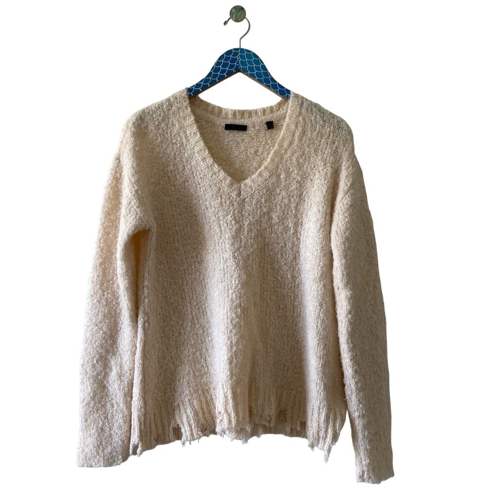 ATM ANTHONY THOMAS MELILLO Chenille Destroyed Ivory V-Neck Sweater Size Small
